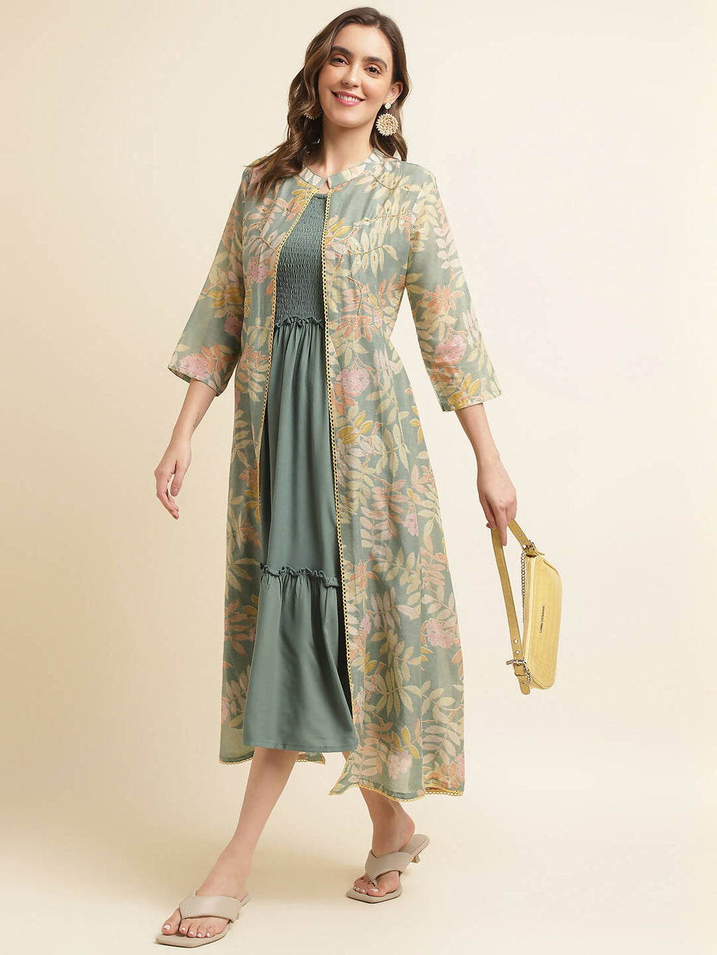 Green Cotton Solid Flared Dress with Printed Shrug - Yukti | Grocsy