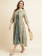 Green Cotton Solid Flared Dress with Printed Shrug - Yukti | Grocsy