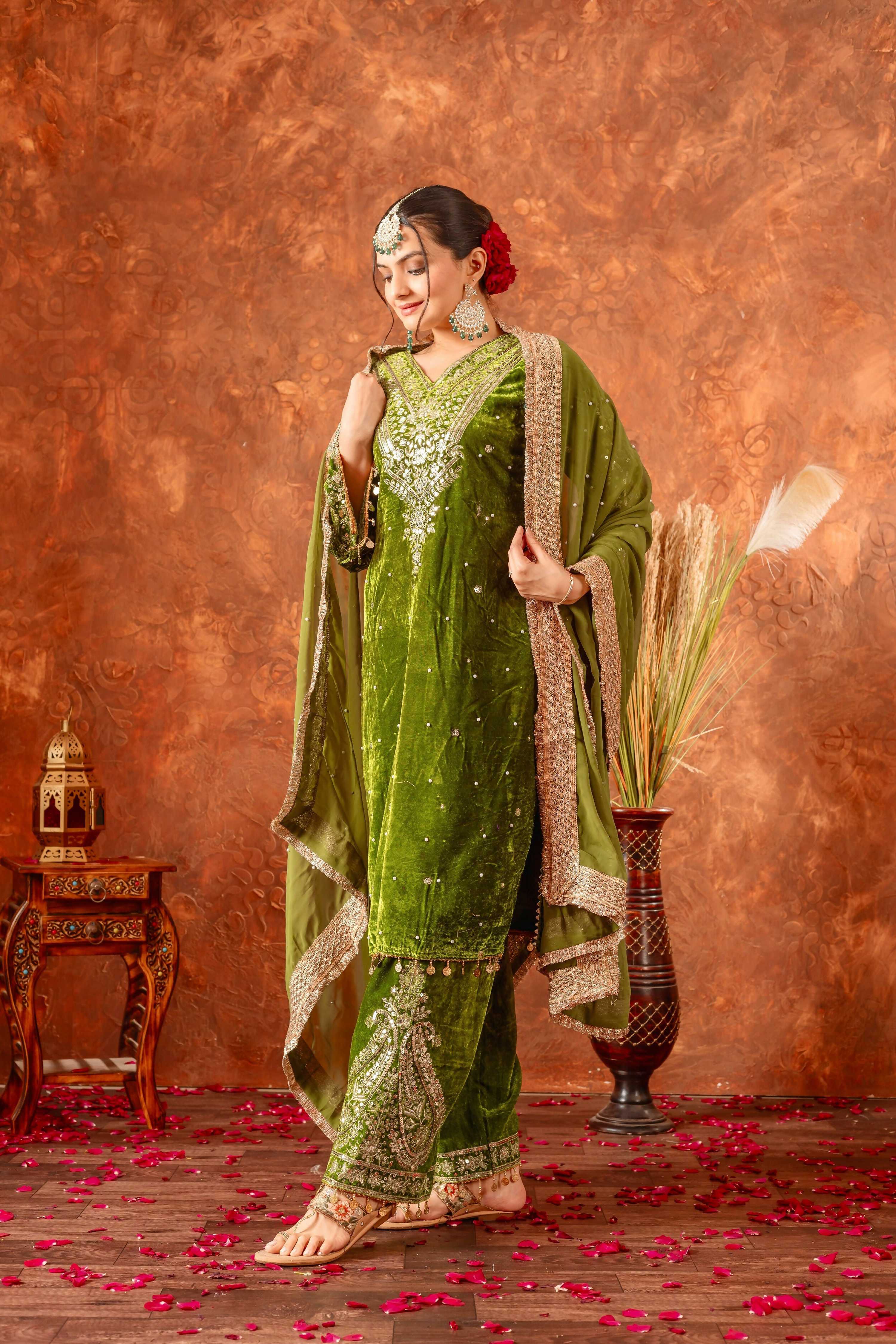 Teeya Creation Green Color Velvet Silk Embroidery Work Party Wear Suit | Grocsy