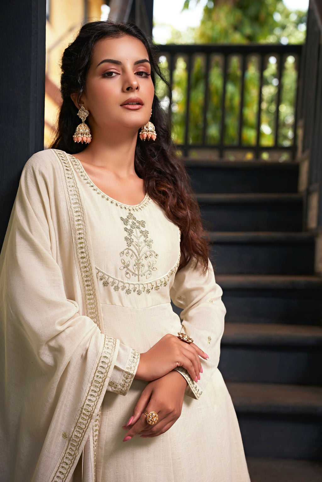 The52 Women's Beautiful Vichitra Silk Fabric Embroidery Work Flared Anarkali Pant and Dupatta Set | Grocsy