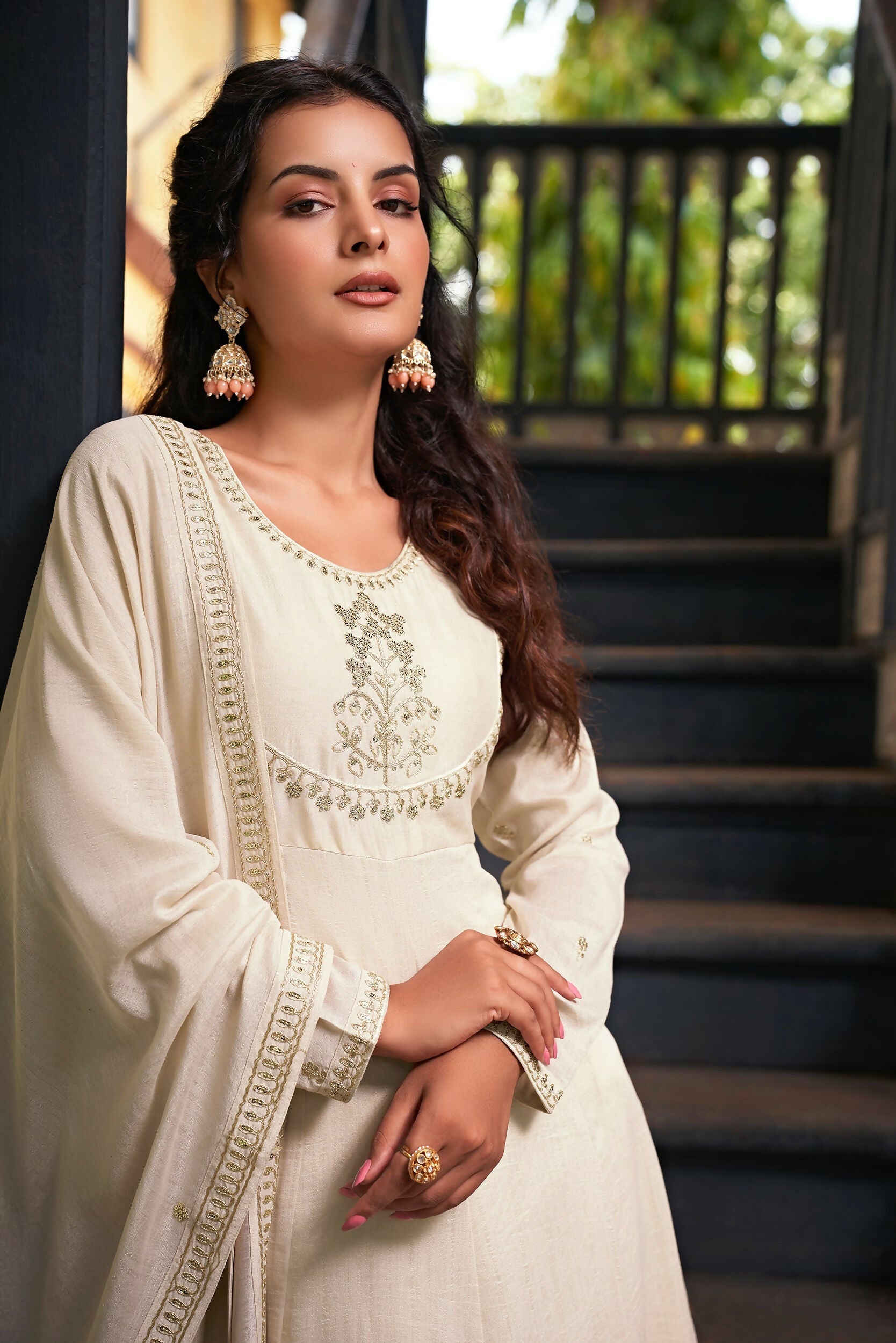 The52 Women's Beautiful Vichitra Silk Fabric Embroidery Work Flared Anarkali Pant and Dupatta Set | Grocsy