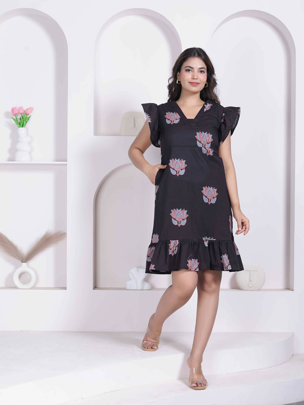 Miravan Women Empire Waist Black Mini Length Dress | Grocsy