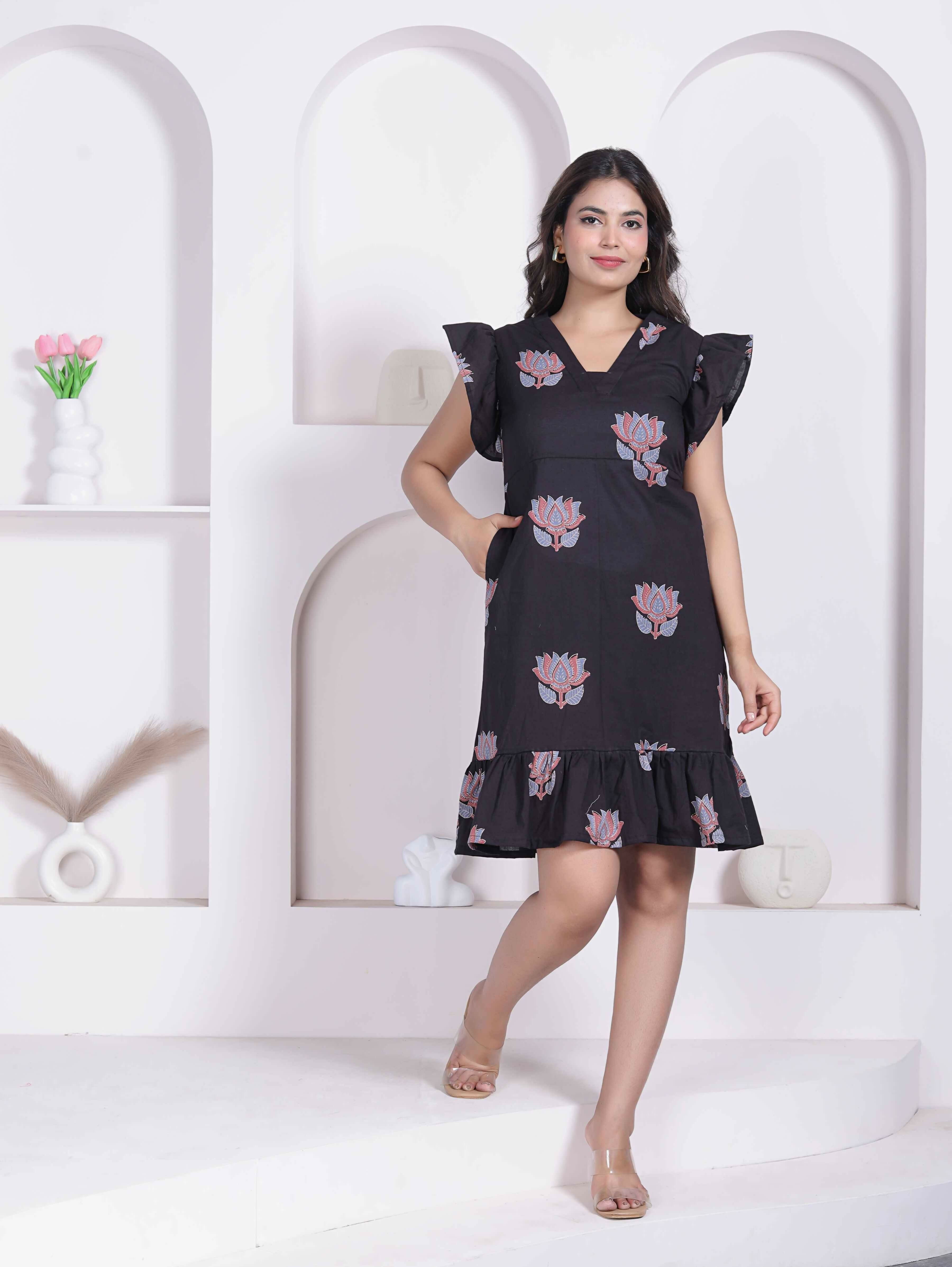 Miravan Women Empire Waist Black Mini Length Dress | Grocsy