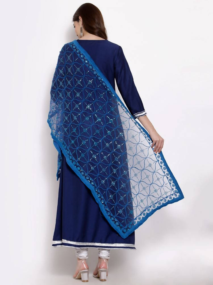 Myshka Women's Navy Blue Cotton 3/4 Sleeve V Neck Solid Casual Anarkali Kurta Dupatta Set | Grocsy