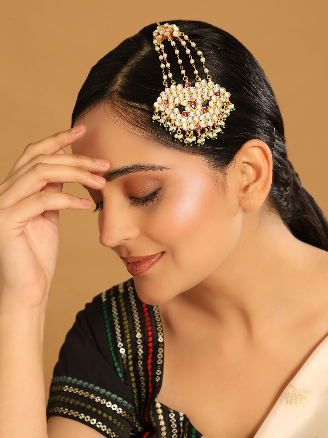 Nuyug 22K Gold-Plated Kundan & Red Stone Studded Jhumar Paasa Head Jewellery | Grocsy