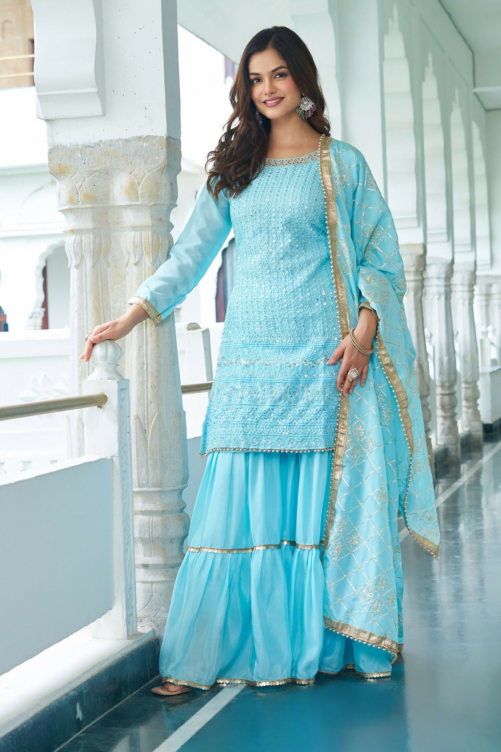 Joban Fashion Sky Blue Chinon Silk Embroidery Sequence Work Readymade Kurta Set | Grocsy