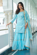 Joban Fashion Sky Blue Chinon Silk Embroidery Sequence Work Readymade Kurta Set | Grocsy