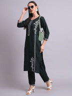 Joban Fashion Green Cotton & Embroidery Work Kurta With Trousers Set | Grocsy