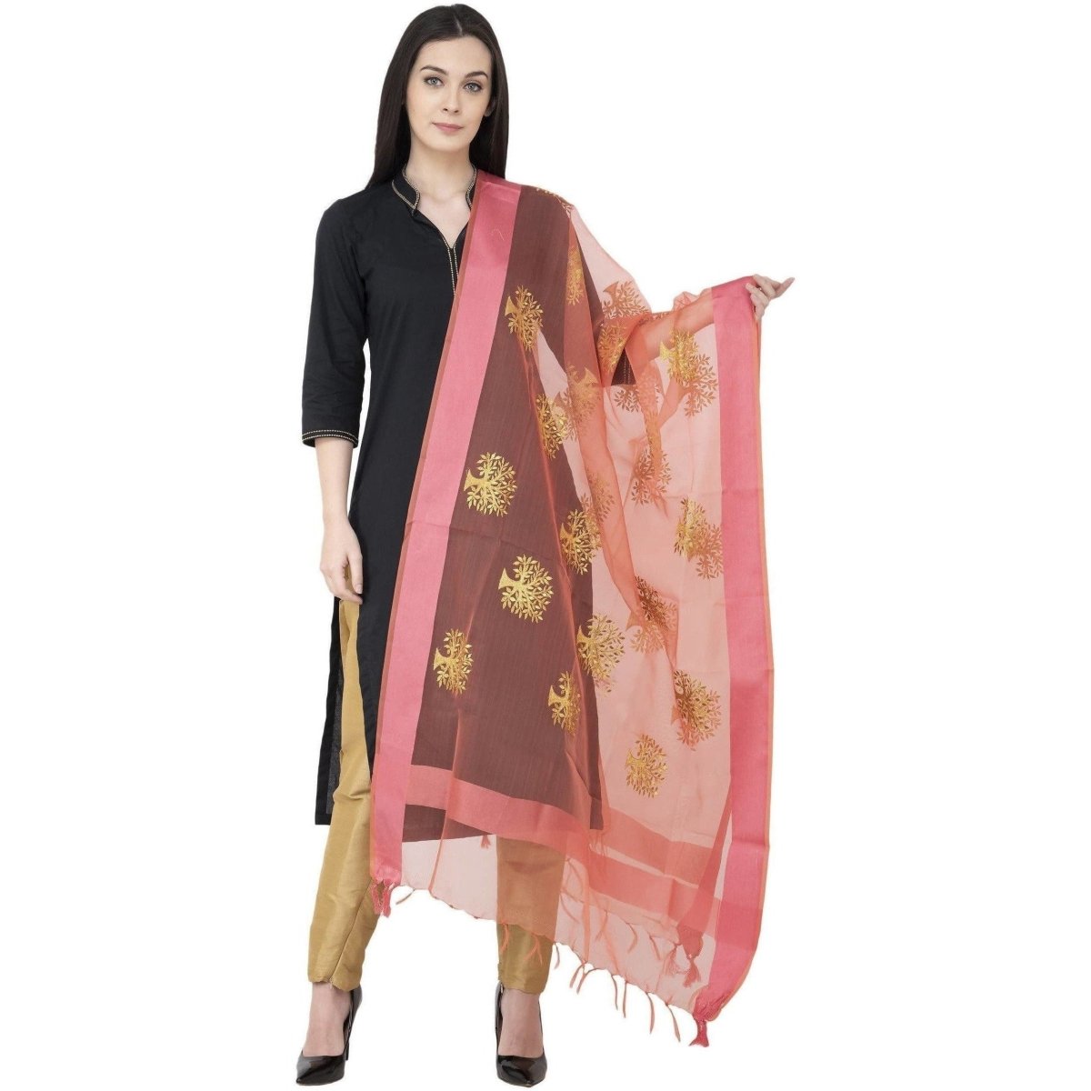 A R Silk Tissue Zari Emb. Golden Zari Emb. Color Rani Dupatta or Chunni | Grocsy