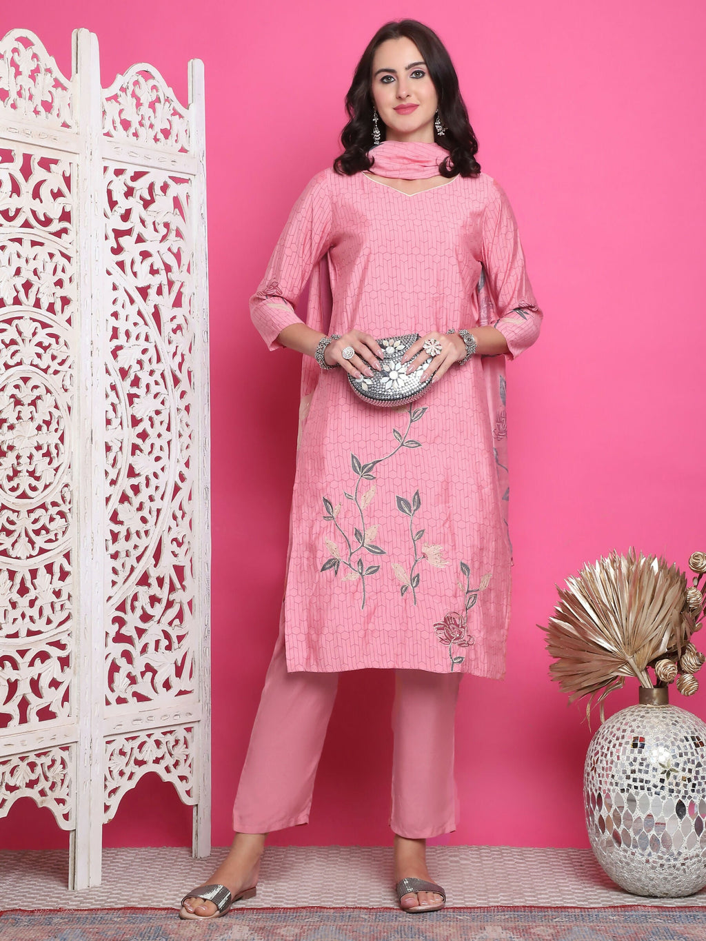 Jyoti Fashion Women's Pink Muslin Floral Print with Jari & Crystal work Kurta with Trouser & Dupatta | Grocsy