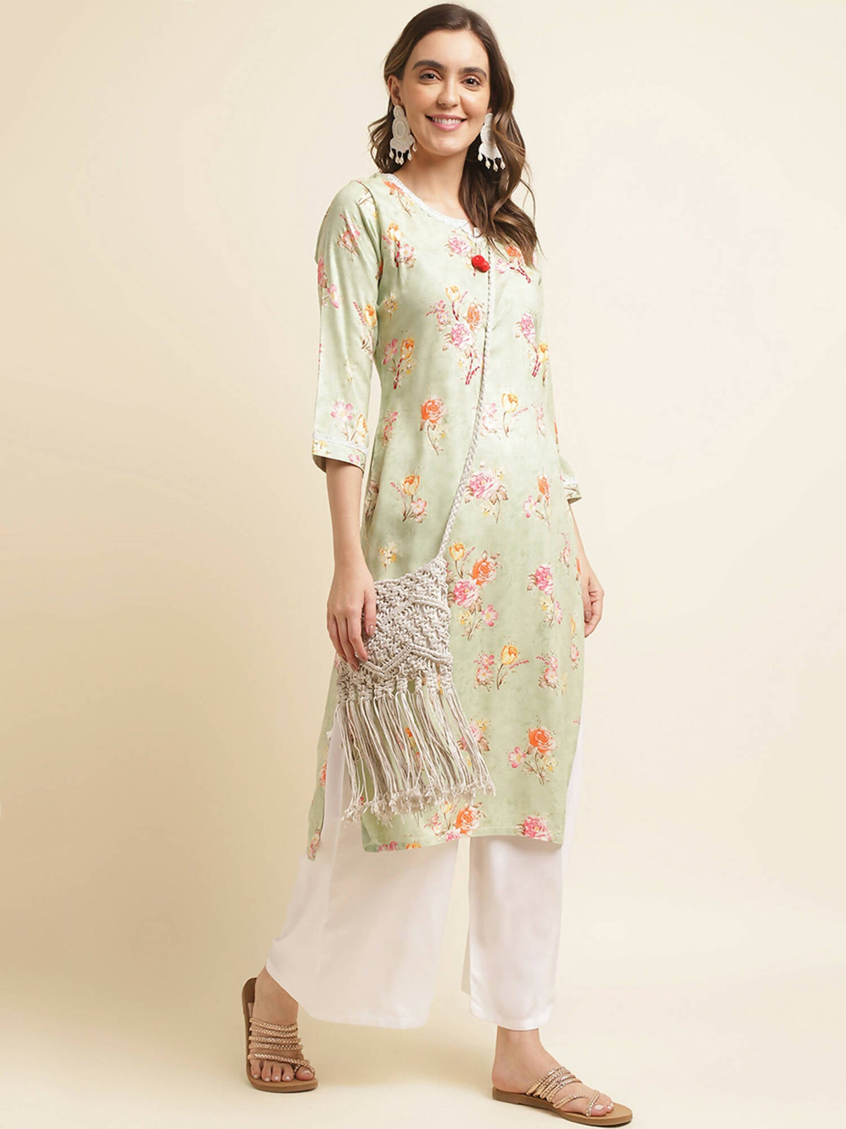 Green Poly Rayon Floral Printed Straight Kurta - Prasuti | Grocsy