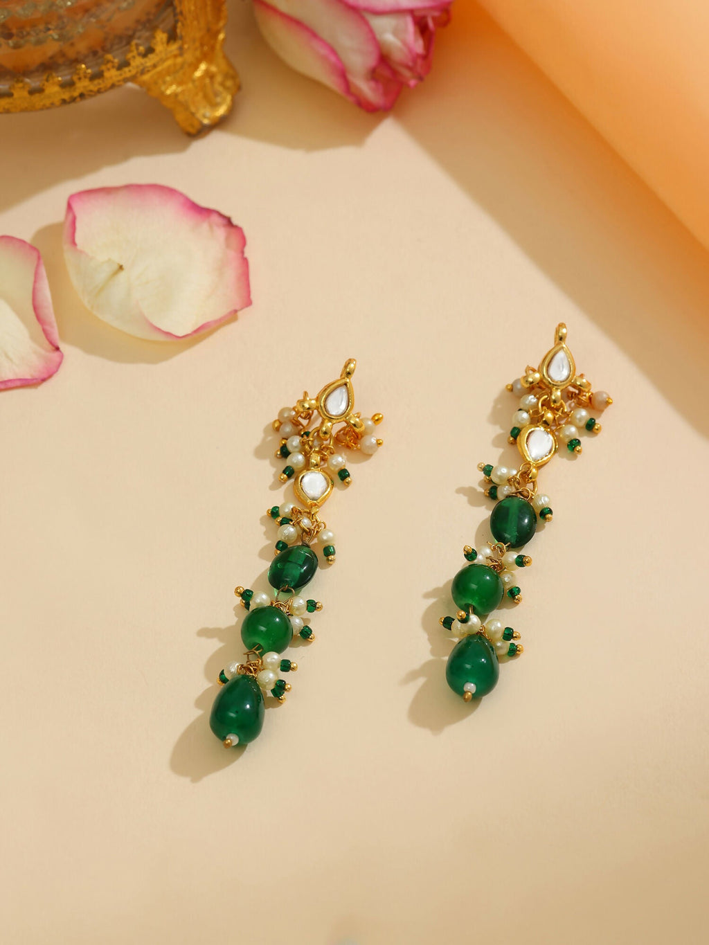 Ruby Raang 22k Gold Polished Long Kundan And Emerald Earrings | Grocsy