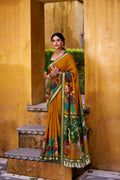 Vastranavya Mustard Viscose Chanderi Kalamkari Print with Zari Working Saree & Unstitched Blouse | Grocsy