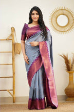 DEIANA'S Beautiful Designer Golden zari Soft Lichi Silk Saree - Grey | Grocsy