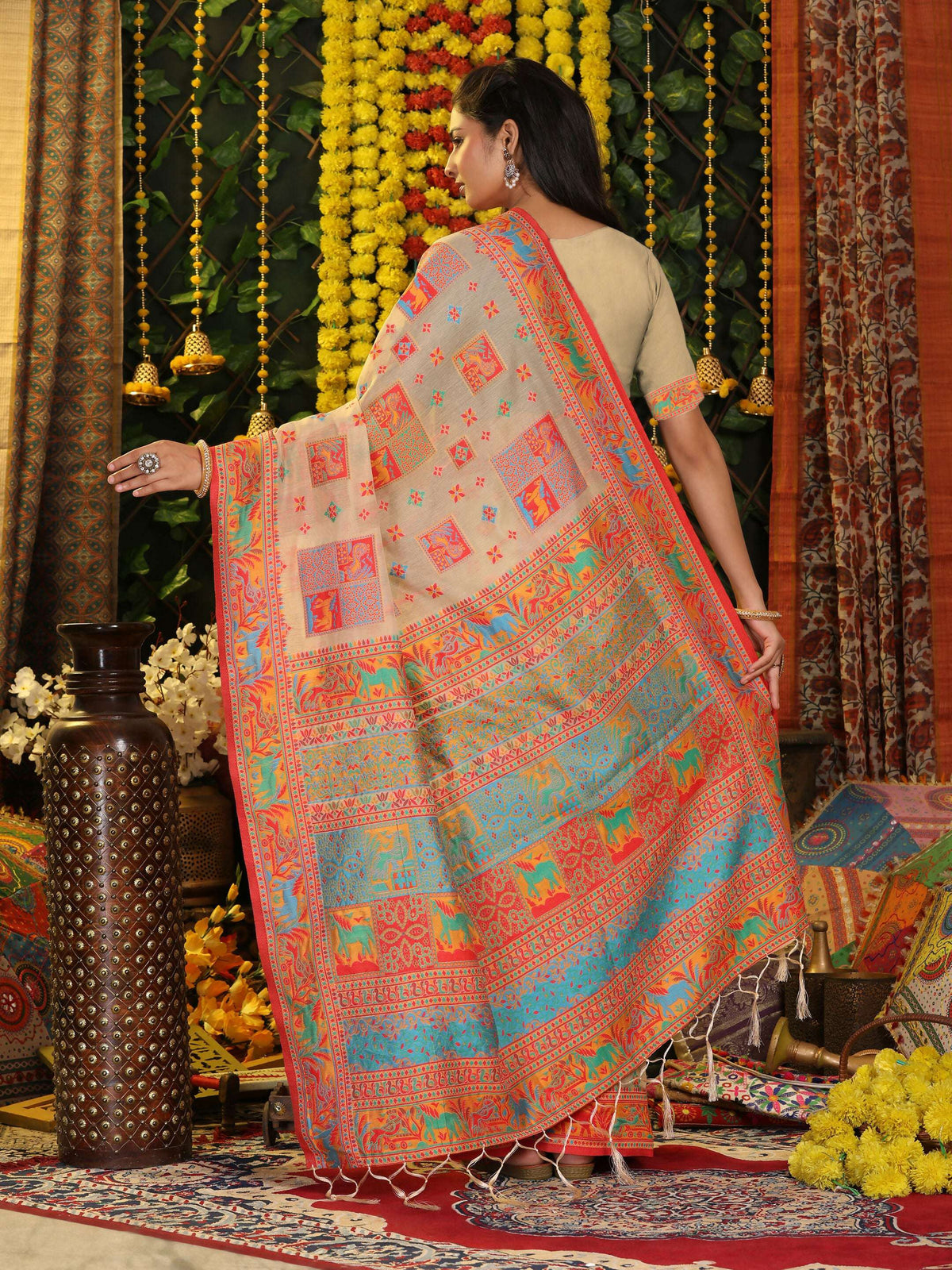 Shree Shyam Fashion Linen Cotton Off White Saree | Grocsy