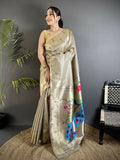 Joban Fashion Beige Peacock & Floral Motifs Tissue Paithani Saree | Grocsy