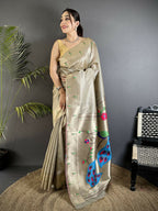Joban Fashion Beige Peacock & Floral Motifs Tissue Paithani Saree | Grocsy
