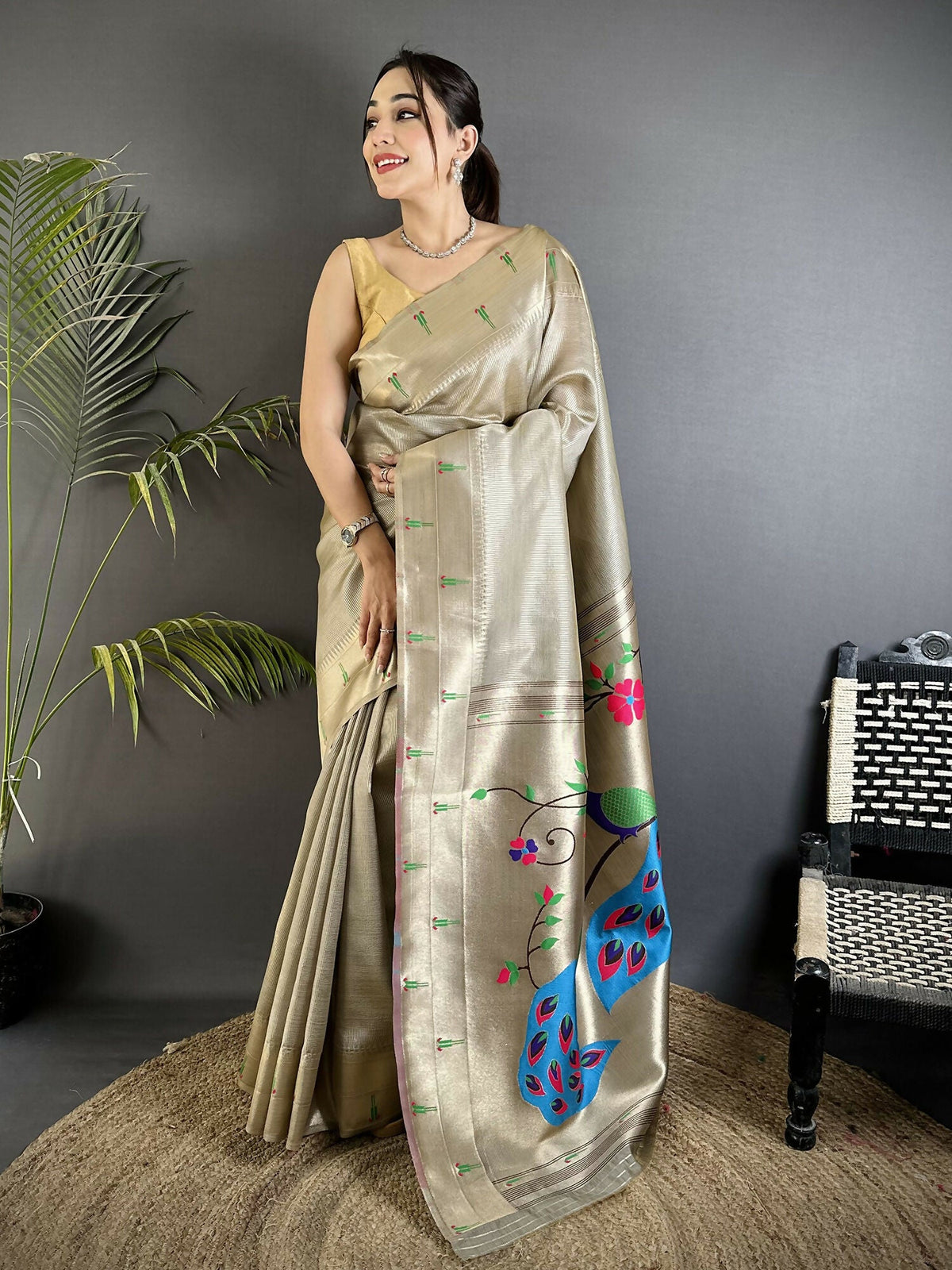 Joban Fashion Beige Peacock & Floral Motifs Tissue Paithani Saree | Grocsy