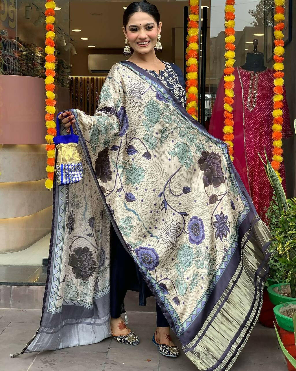 The52 Navy Blue Women's Beautiful Viscose Chanderi Fabric Embroidered Work Straight Kurta Pant and Dupatta Set | Grocsy