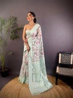 Elora Sky Blue Silk Floral Motifs Coppery Tone Contrast Floral Border Banarasi Saree | Grocsy