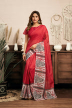Vastranavya Red Digital Printed Linen Ready To Wear Designer Saree with Unstitched Blouse | Grocsy