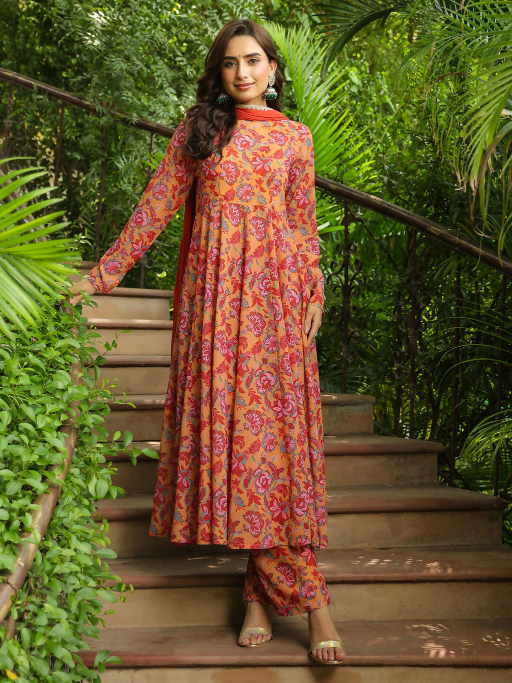 Janasya Mustard Georgette Floral Kurta,Bottom & Dupatta | Grocsy