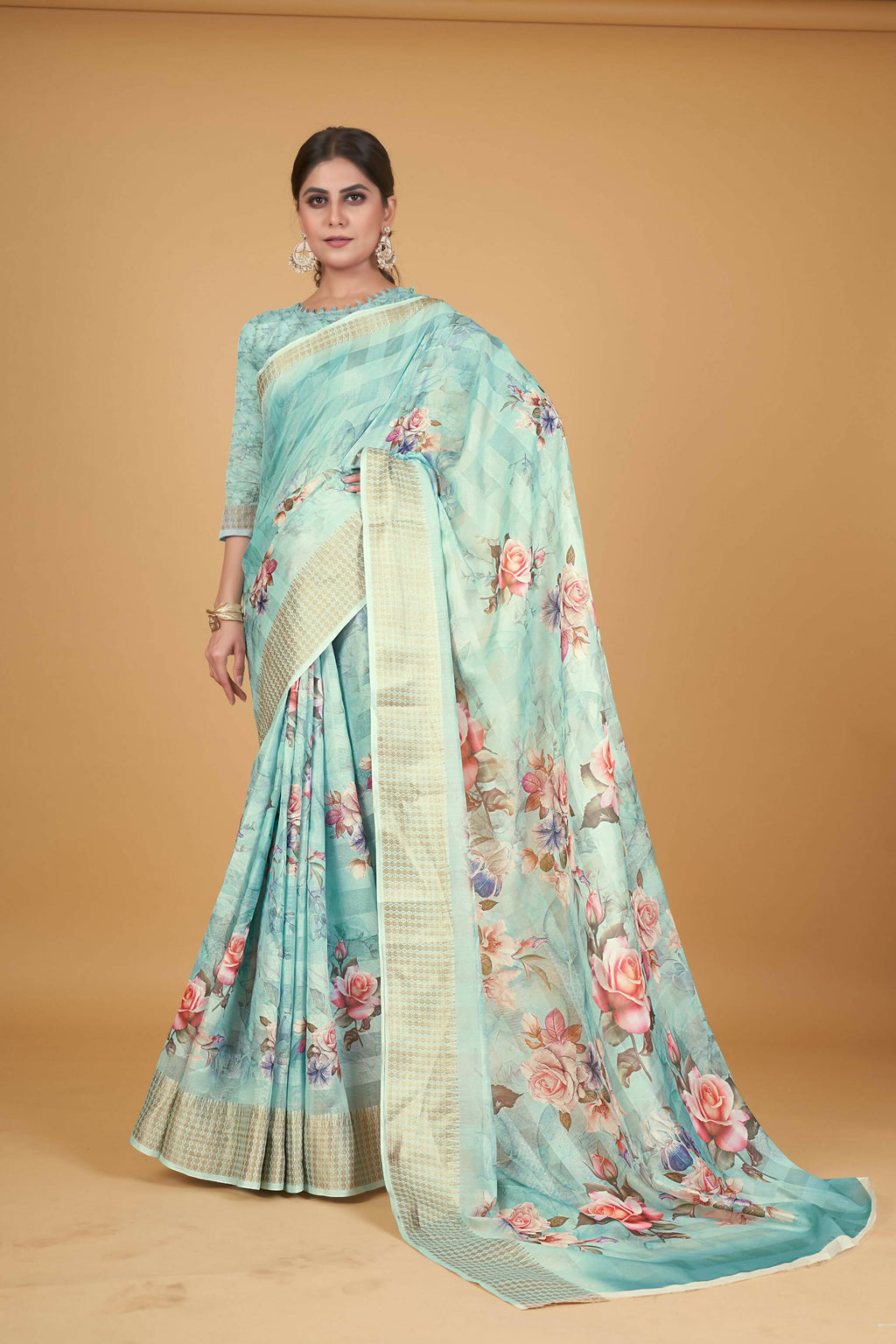 Blue Cotton Silk Digital Printed Saree With Unstitched Blouse Piece - Alisha | Grocsy