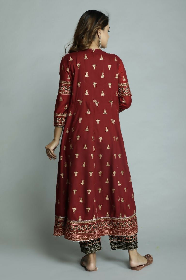 Alvano Women's Stylish Anarkali Kurti with Pant and Dupatta for Women and Girls (Maroon) | Grocsy