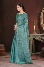 Vastranavya Teal Jimmy Choo Silk 3mm Sequence work with Cross Stitch Embroidery work & Cutwork Border Saree | Grocsy