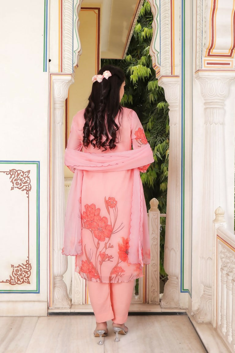 Vaasva Women Pink Tabby Slik Print & Embroidered Kurta, Pant & Dupatta set | Grocsy