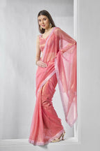 Pink Gold Tissue Net Solid & Gold Cotted Saree - Samaa | Grocsy