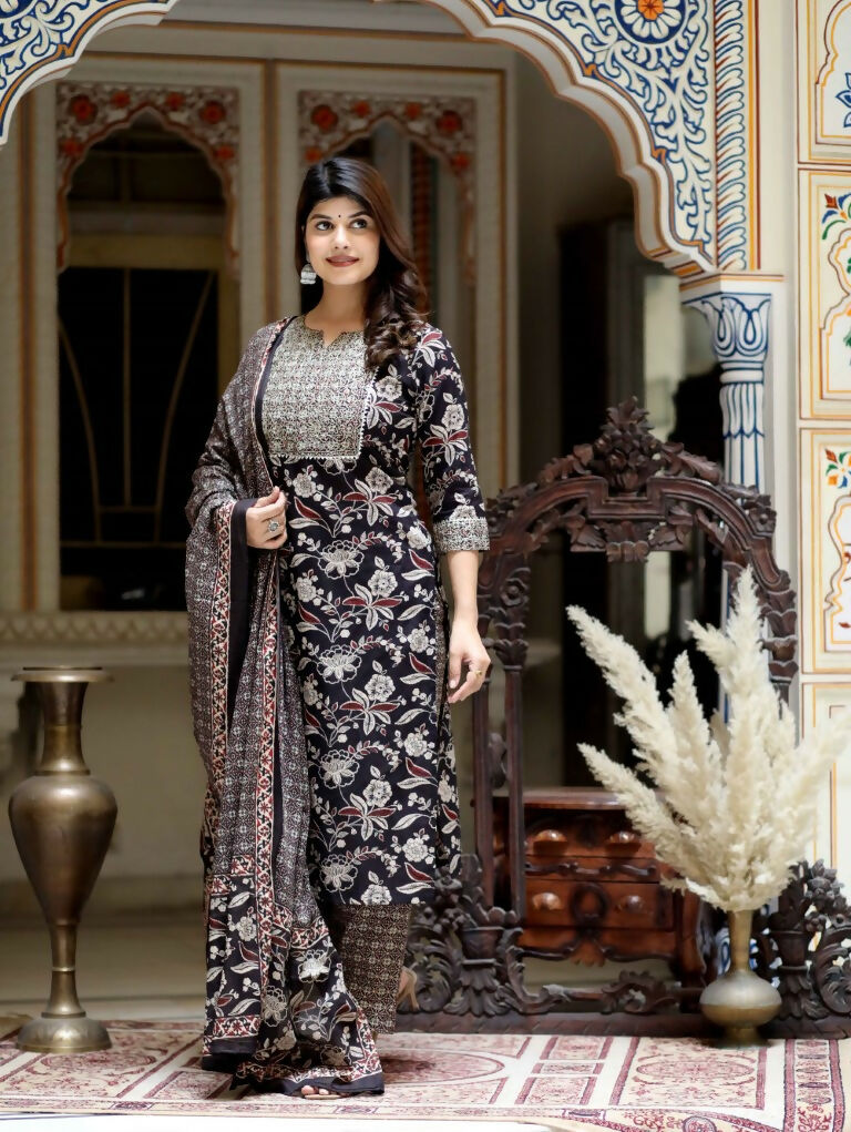 Miravan Women's Multi Colour Floral Printed Embroidery Yoke Design Kurta With Palazzo And Duptta Set | Grocsy