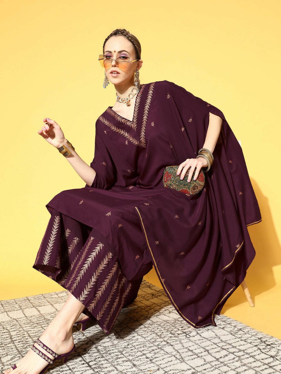 Ahalyaa Women Wine Colour Crepe Gold Glitter Print Kurta Palazzo Set | Grocsy