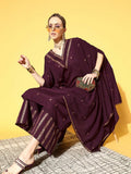 Ahalyaa Women Wine Colour Crepe Gold Glitter Print Kurta Palazzo Set | Grocsy