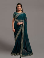PR Fashion Petrol Zometo Embroidery Lace Saree | Grocsy