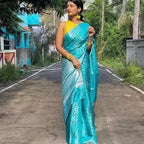 DEIANA'S Beautiful Designer Golden zari Soft Lichi Silk Saree - Sky | Grocsy