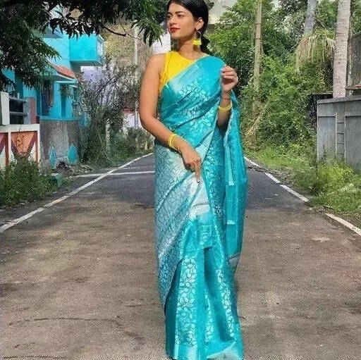 DEIANA'S Beautiful Designer Golden zari Soft Lichi Silk Saree - Sky | Grocsy