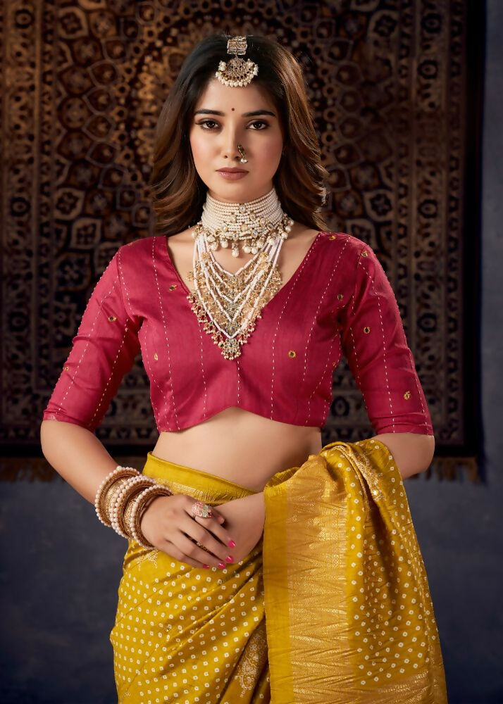 Joban Fashion Red Dola Silk Foil Print Zari Border Work Saree | Grocsy