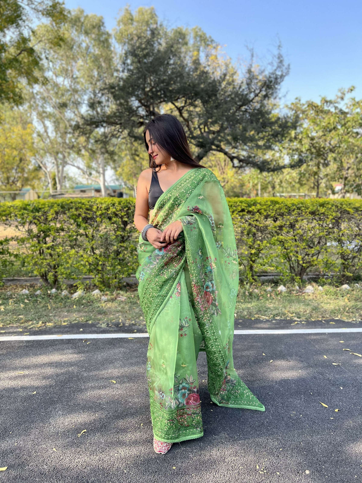 Vamsee Vidhi 1 Green Organza Saree | Grocsy