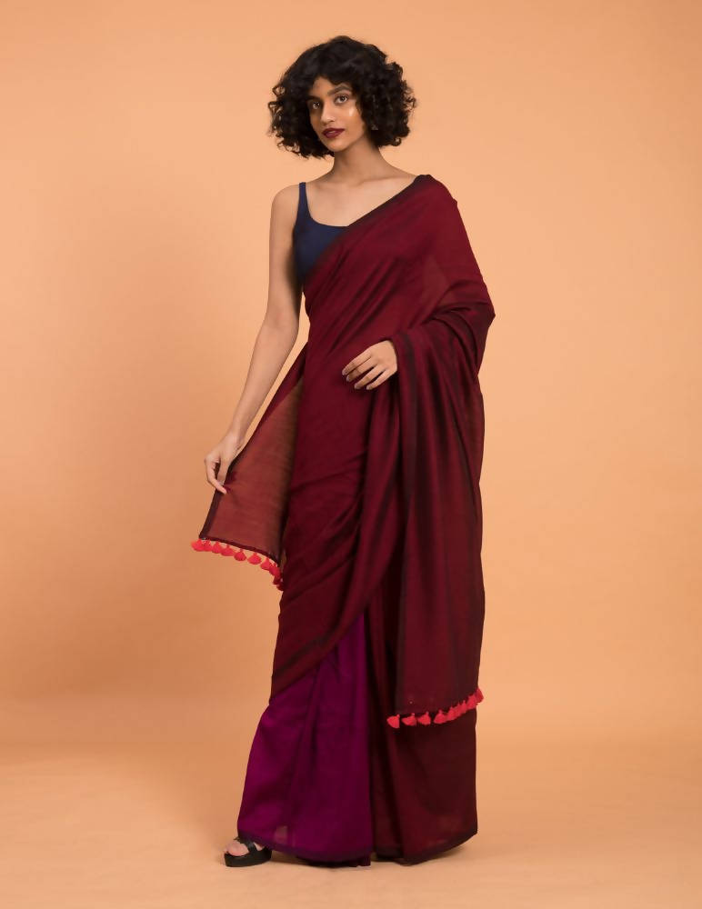 Suta Purple Maroon Colourblocked Cotton Acrylic Saree | Grocsy