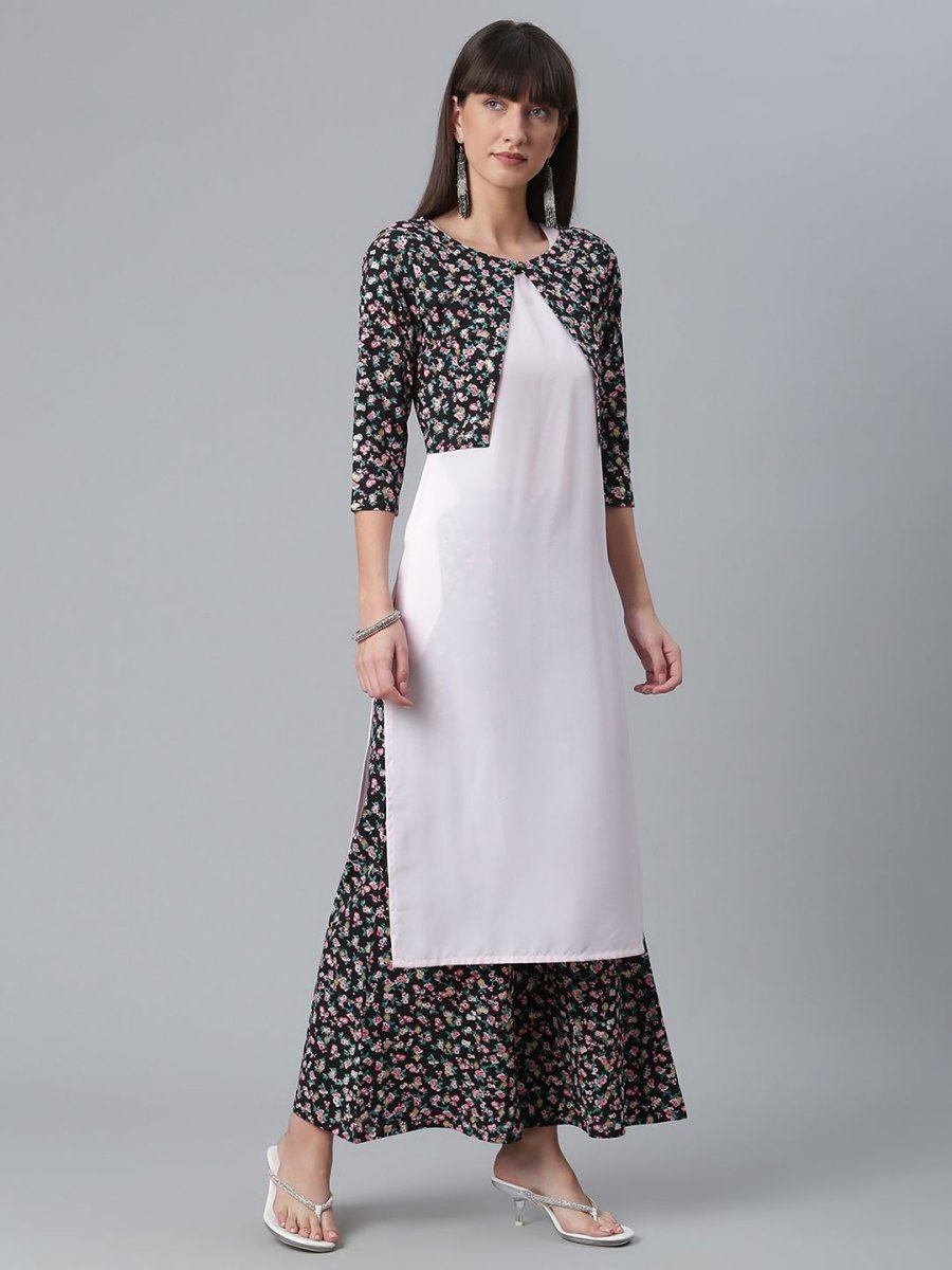 Ahalyaa Light Pink Crepe Solid Kurta And Palazzo Set With Jacket | Grocsy