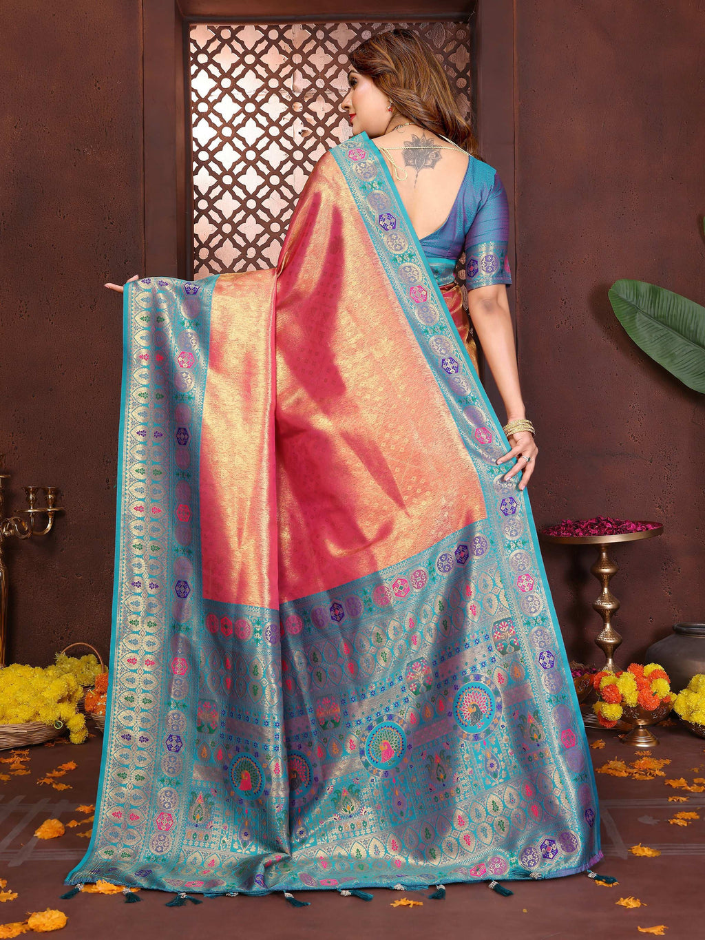 Aastha Fashion Orange Tissue Silk Weaving Saree | Grocsy