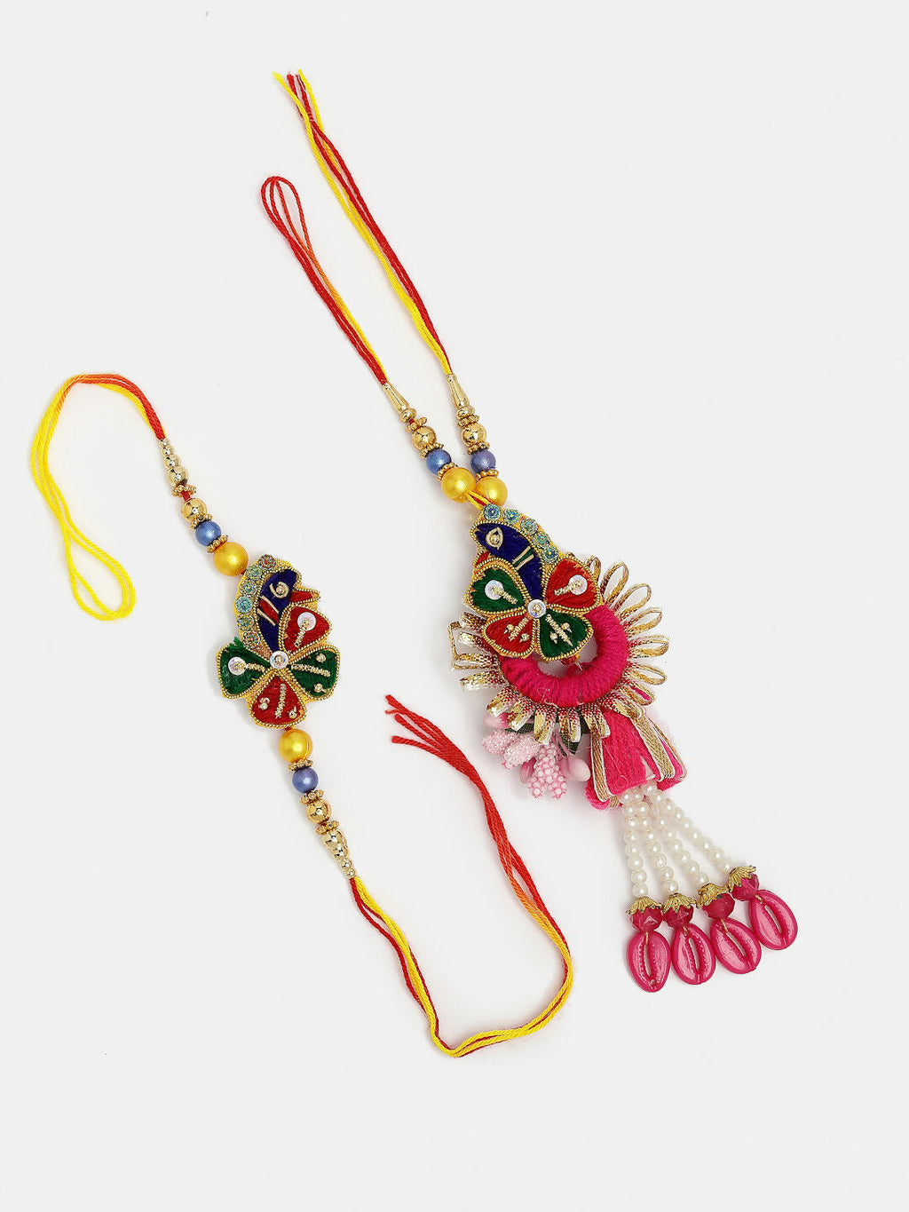 NVR Women & Men Set of 2 Multicolor Thread Work & Beaded Bhaiya Bhabhi Rakhi With Roli Chawal & Chocolate | Grocsy
