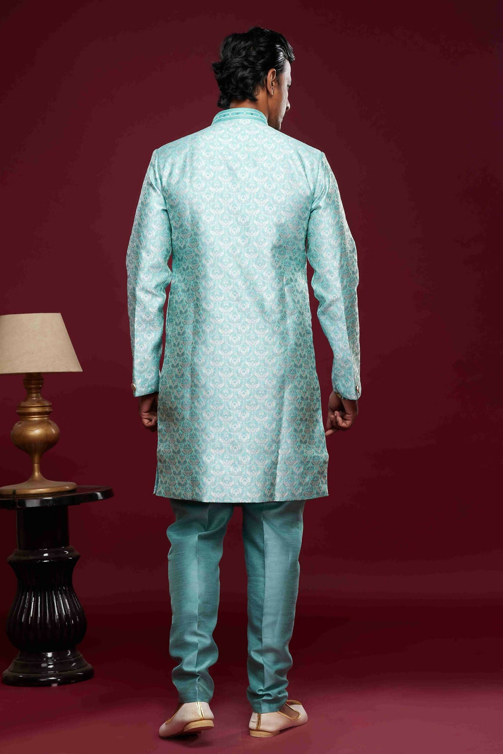 Raivat Ethnic Banarasi Jacquard Embroidery Semi Indo Western Sherwani In Sky Blue Colour | Grocsy