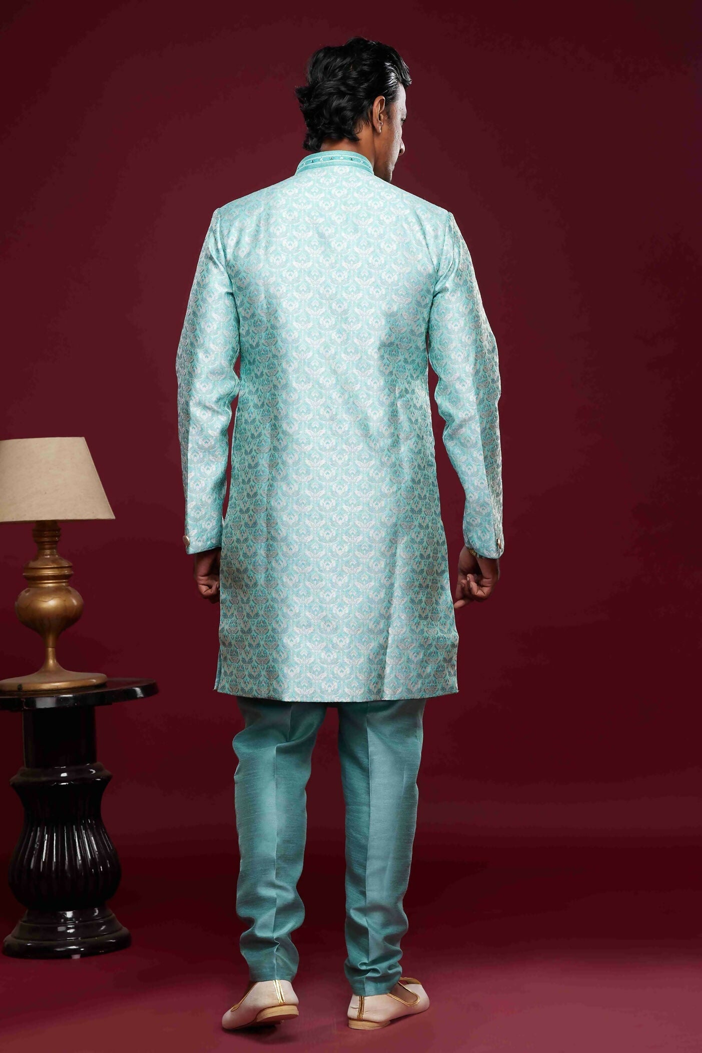 Raivat Ethnic Banarasi Jacquard Embroidery Semi Indo Western Sherwani In Sky Blue Colour | Grocsy