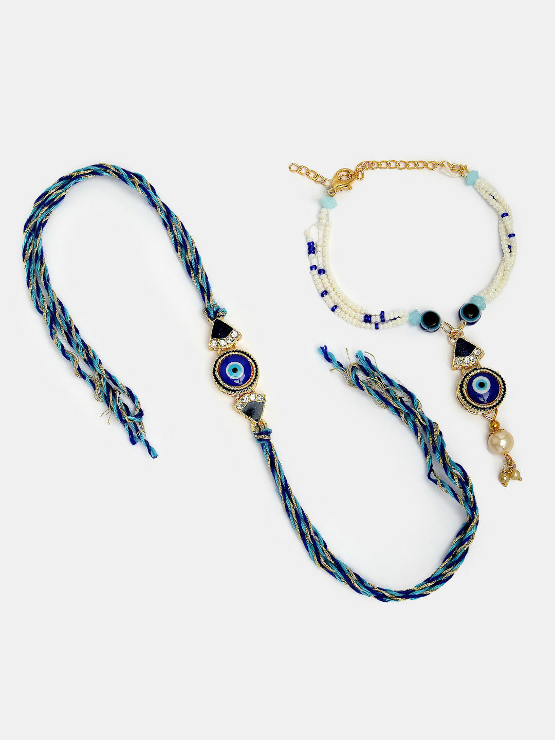 NVR Women & Men Set of 2 Blue Evil Eye Bhaiya Bhabhi Rakhi With Roli Chawal | Grocsy
