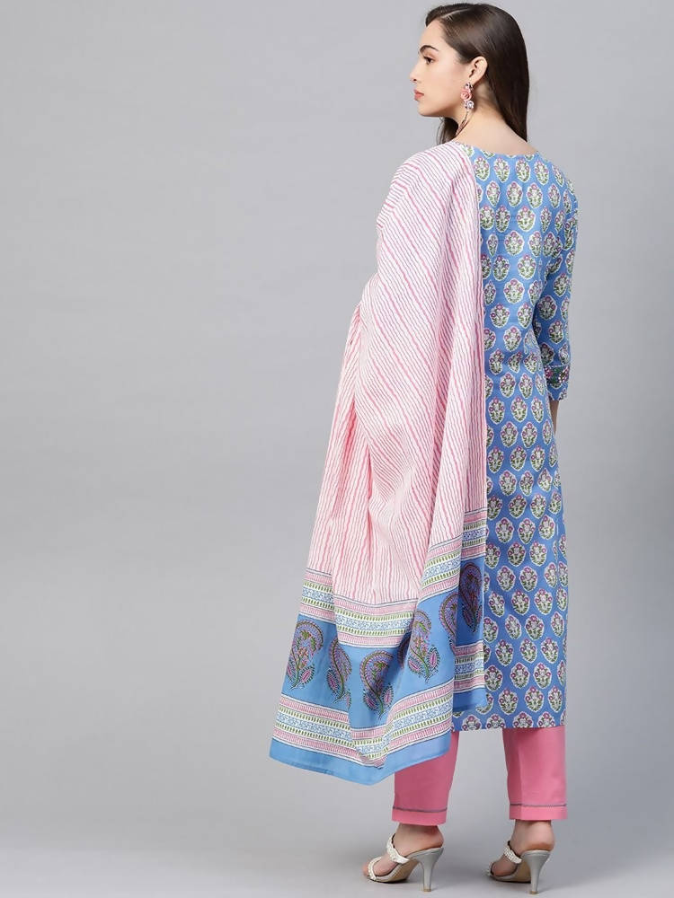 Yufta Women Blue & Pink Handblock Printed Pure Cotton Kurta with Trouser & Dupatta | Grocsy