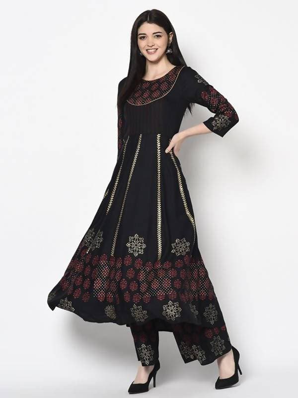 Aniyah Rayon Black Color Block Print Anarkali Palazzo Set (AN-186K) | Grocsy