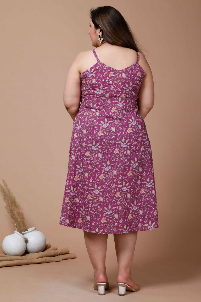 Miravan Women's Plus Size Purple Floral Printed Shoulder Strap Midi Dress | Grocsy