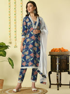 Myshka Women's Blue Pure Cotton Kurta & Trousers With Dupatta Party Sets | Grocsy
